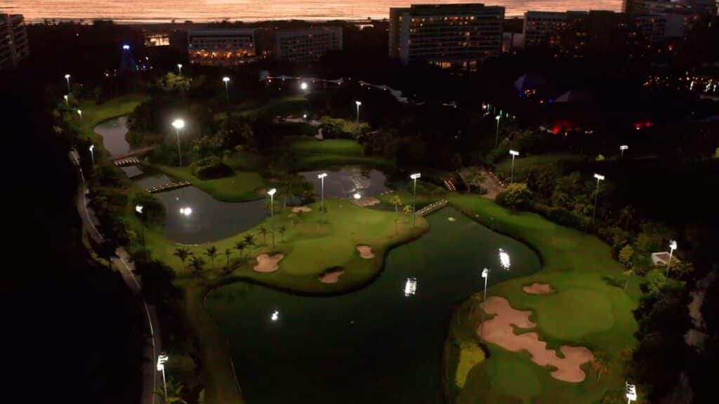 aerial view of vindanta golf lit up at night