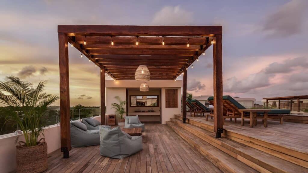 pristine rustic terrace with greenery on a cloudy day