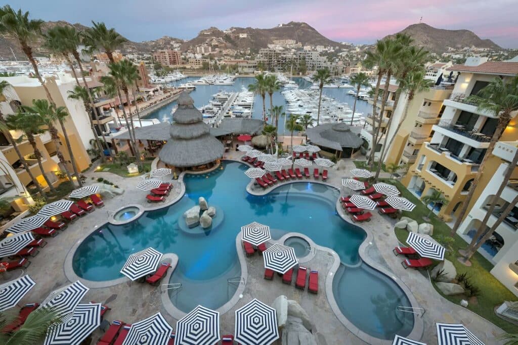 aerial view of courtyard pool at marina fiesta san cabos