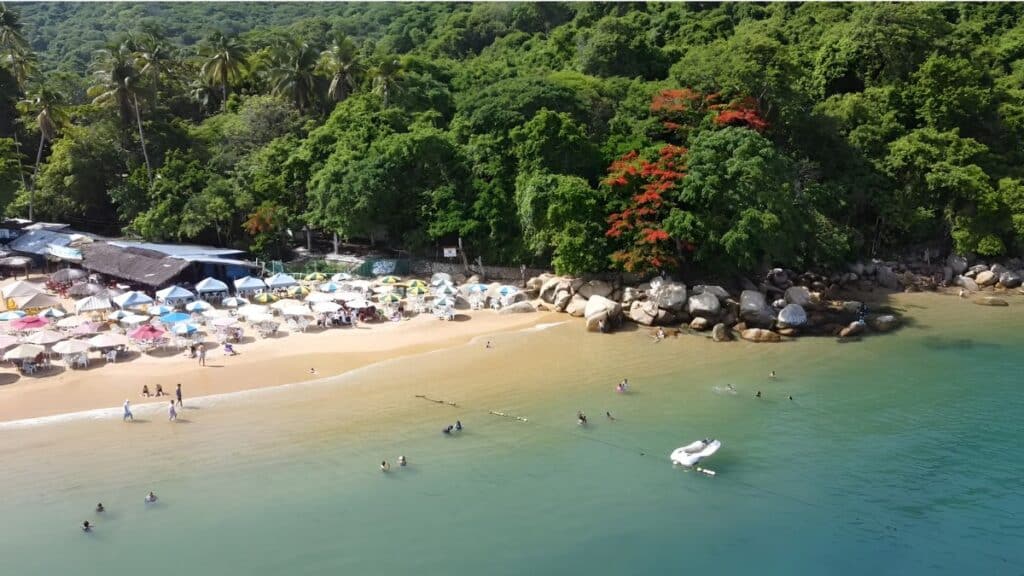 aerial view of people basking in the sun at playa majahua