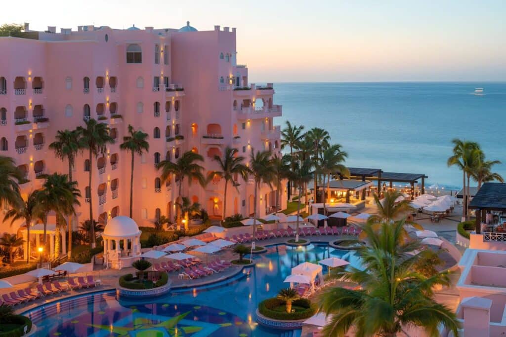 aerial view of courtyard pool at pueblo bonito rose resort and spa