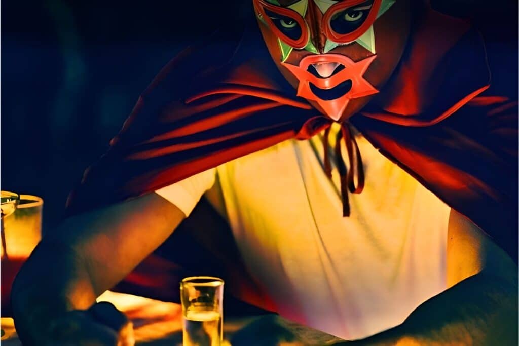 wrestler wearing a mask sitting at a table with a shot of tequila in front of him